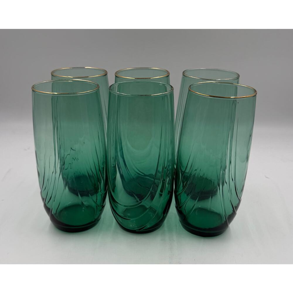 6 Vtg Libbey Crystal Green Highball Iced Tea Glasses Tumblers Drape Retired 12oz
